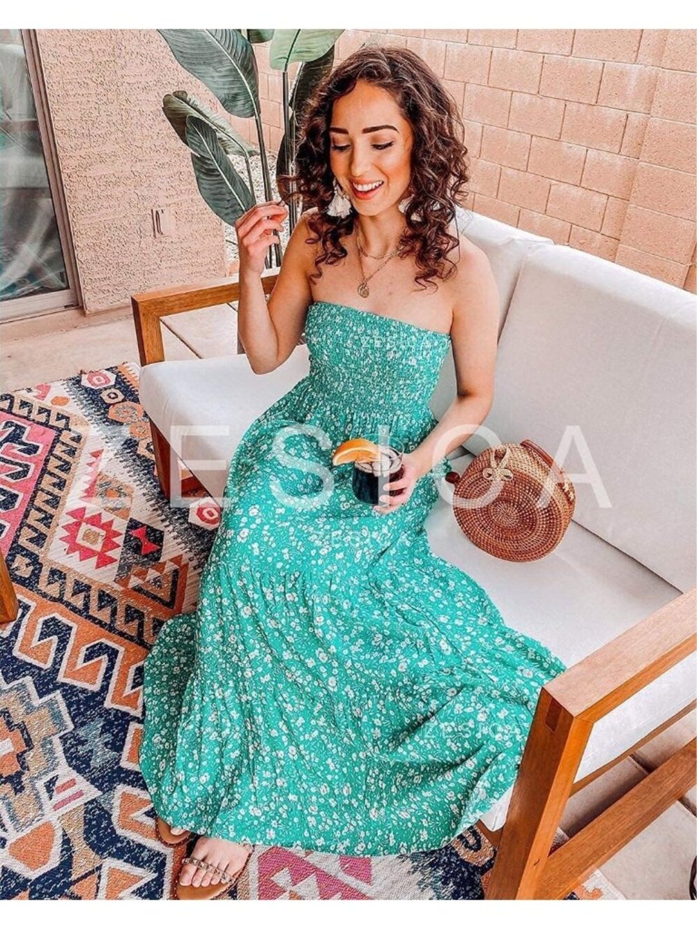 Women's Green Summer Boho Strapless Maxi Off Shoulder Smocked Flowy Dress - Picture 6 of 6